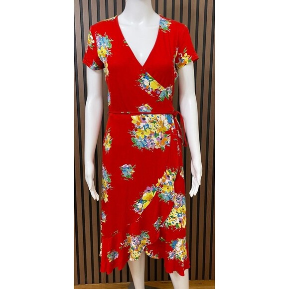 Lauren Ralph Lauren Women’s Petite S Red Red Floral Wrap Dress Viscose Stretch - Picture 1 of 10